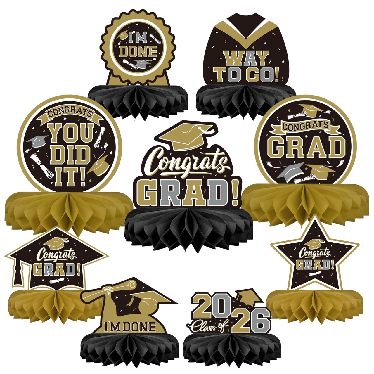 9PCS Graduation Party Decorations Class of 2026 Congrats Grad Table Centerpiece Congratulate Graduation Honeycomb Table Toppers for Graduation Party Supplies(Black)